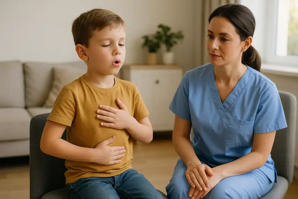 Niño con manos en pecho y abdomen, realizando ejercicio de conciencia de la respiración en casa, guiado por logopeda