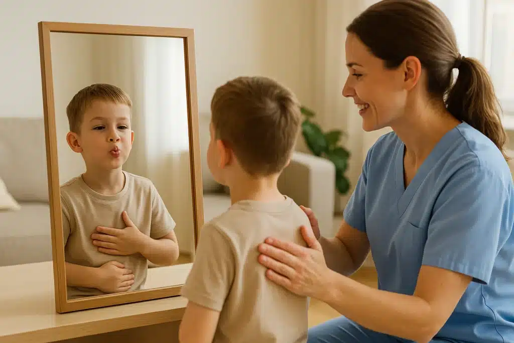 Niño frente a un espejo alternando beso y sonrisa, con apoyo de una logopeda