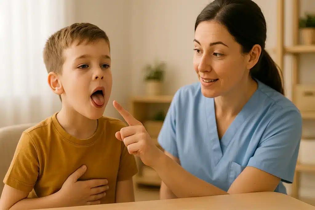 Niño realizando elevación lingual hacia el paladar mientras la logopeda supervisa.