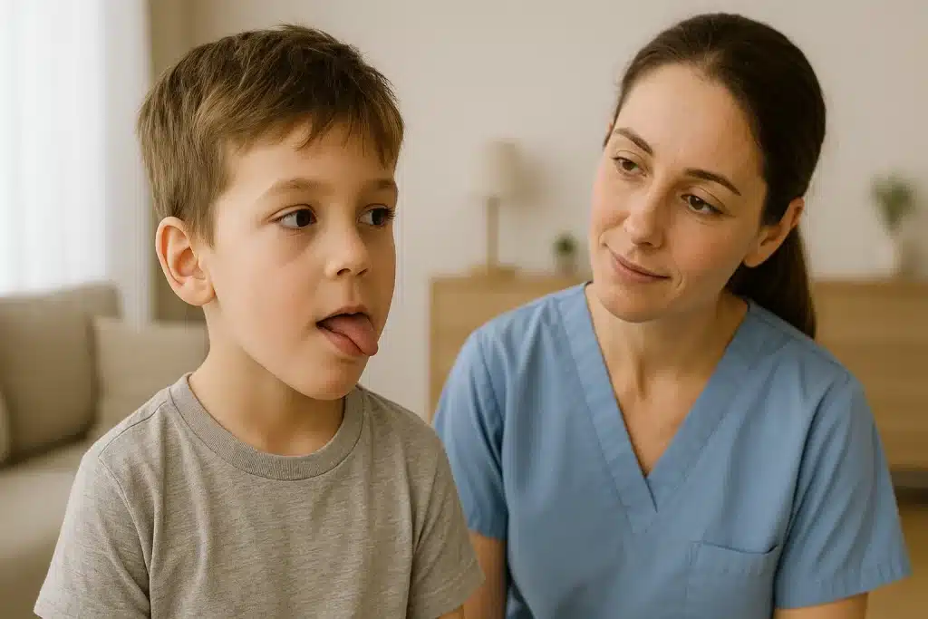 Niño realizando lateralización lingual hacia la mejilla interna, guiado por logopeda a domicilio.