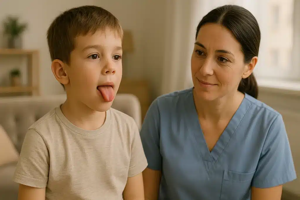 Niño sacando y metiendo la lengua de manera controlada para mejorar movilidad lingual, con supervisión de logopeda.