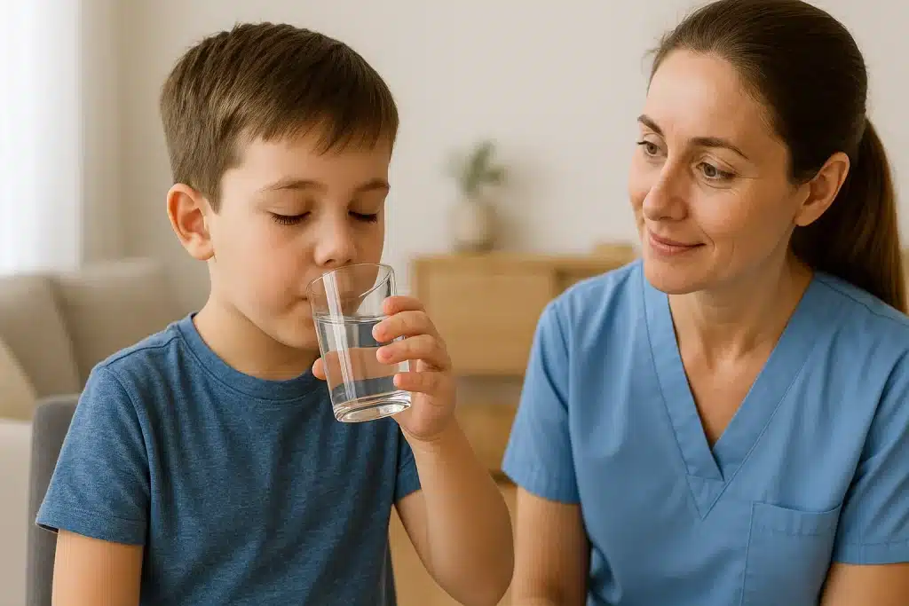 Niño realizando deglución controlada con agua o semisólido, guiado por logopeda en casa.