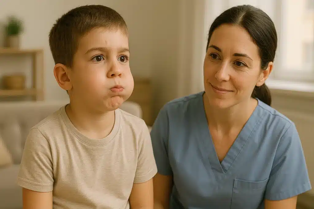 Niño inflando las mejillas manteniendo el aire, con supervisión de logopeda en domicilio.