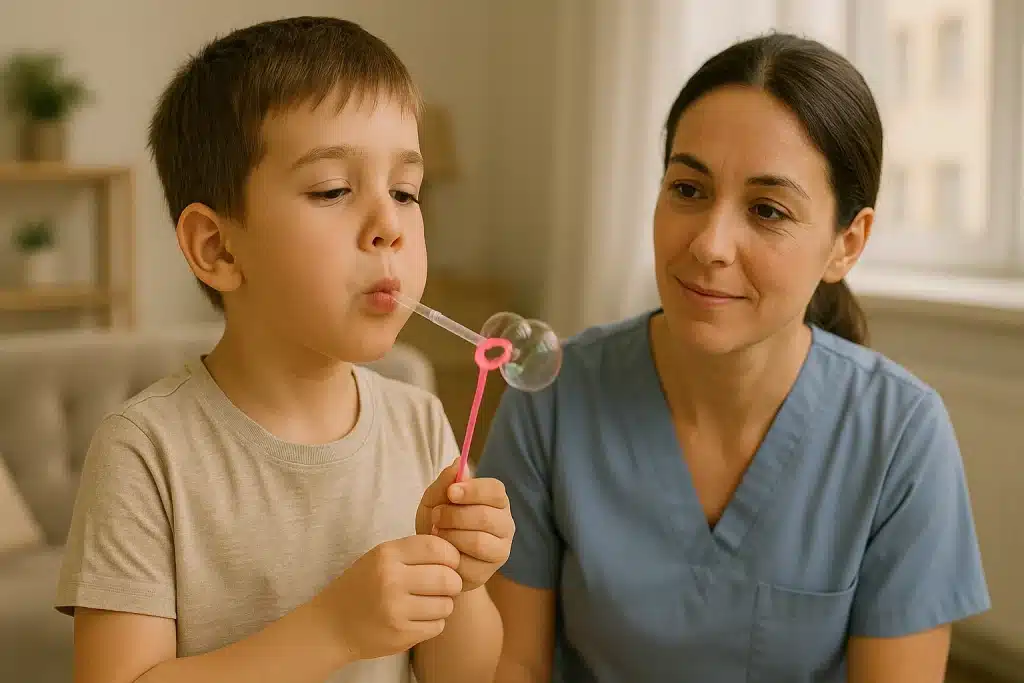 Niño soplando a través de una pajita o pompero para trabajar resistencia del soplo, guiado por logopeda.